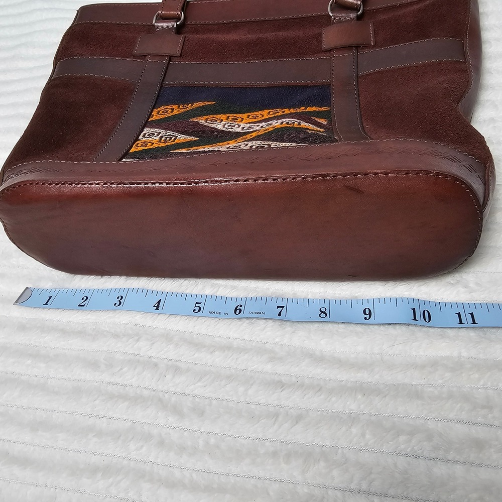 Handmade Bolivian Leather Suede Tote Bag Brown Geometric Woven Textile Artisan‎ - Picture 4 of 12